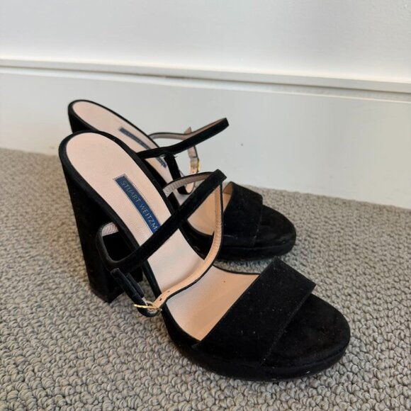 Stuart Weitzman Black Suede Strappy Open Toe Block Heels - Size 38 - Picture 1 of 3